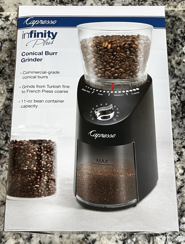 Capresso Infinity Plus Conical Burr Coffee Grinder, Black - NEW
