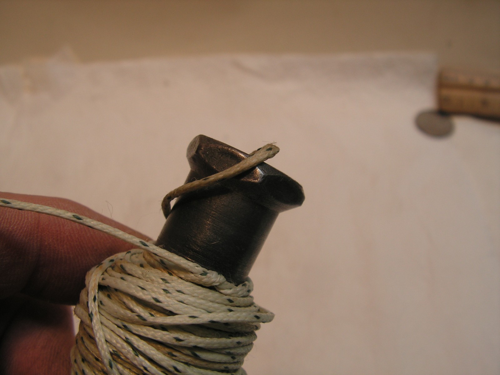 Vintage 12oz Plumb Bob With Nylon Cord 12'+ Hex Body, Nice Sharp Point