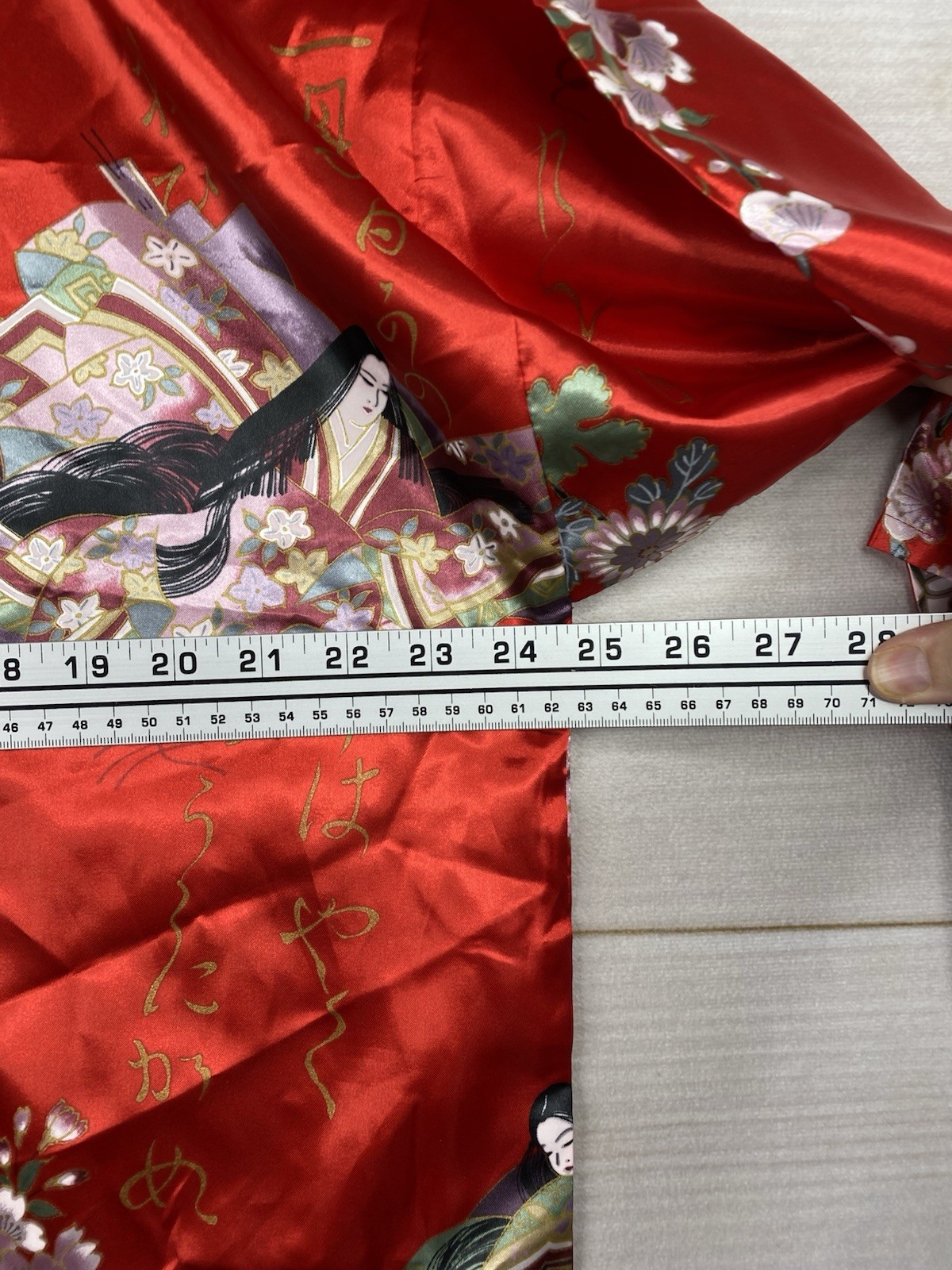 Vtg Sakurai Shoji Japan Red Floral Kimono Robe Fan Print Cherry Blossom Geisha