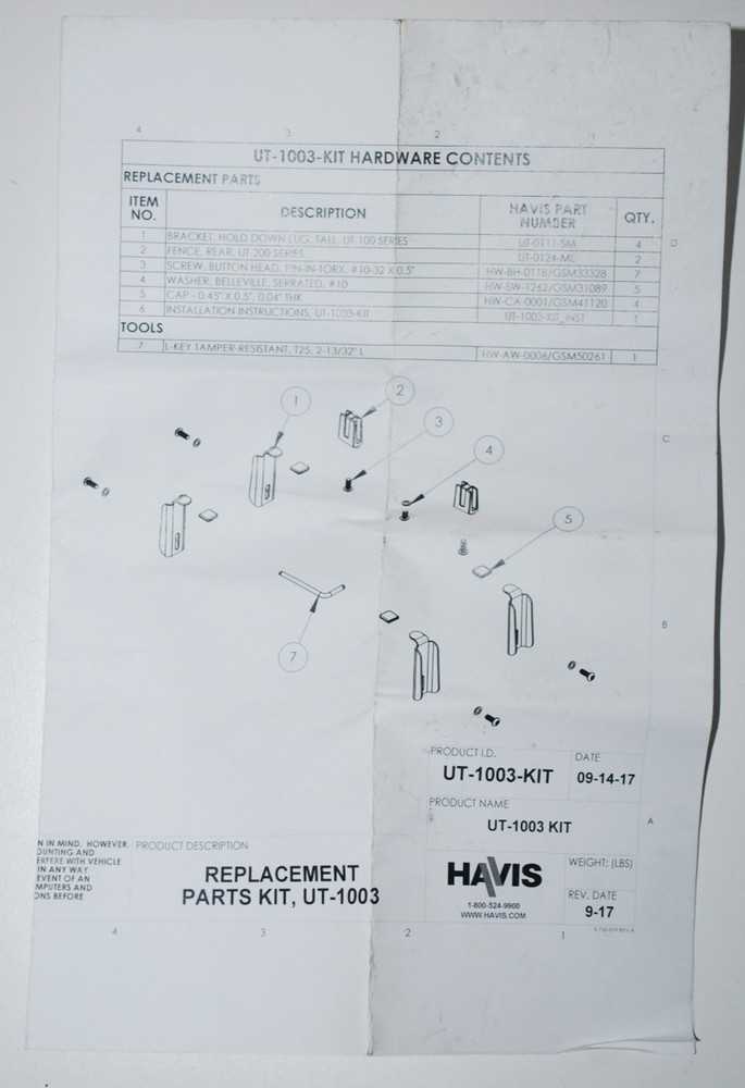 Havis UT-1003-KIT, Replacement parts Kit