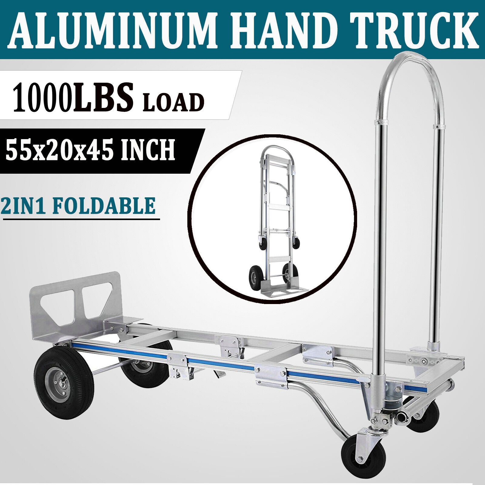 1000 Lbs Aluminum Hand Truck 2 in 1 Heavy Duty Convertible Folding Dolly Cart