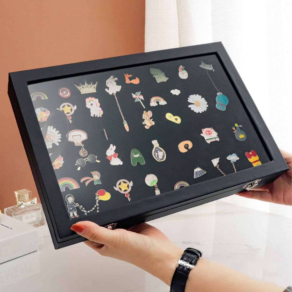 Pin Display Case Orderly Storage Transparent Dustproof Black Badge Storage Box
