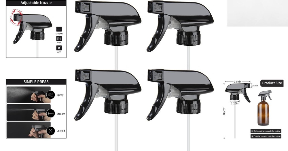 Durable Black Trigger Sprayers with Adjustable Mist Stream for Home & Office