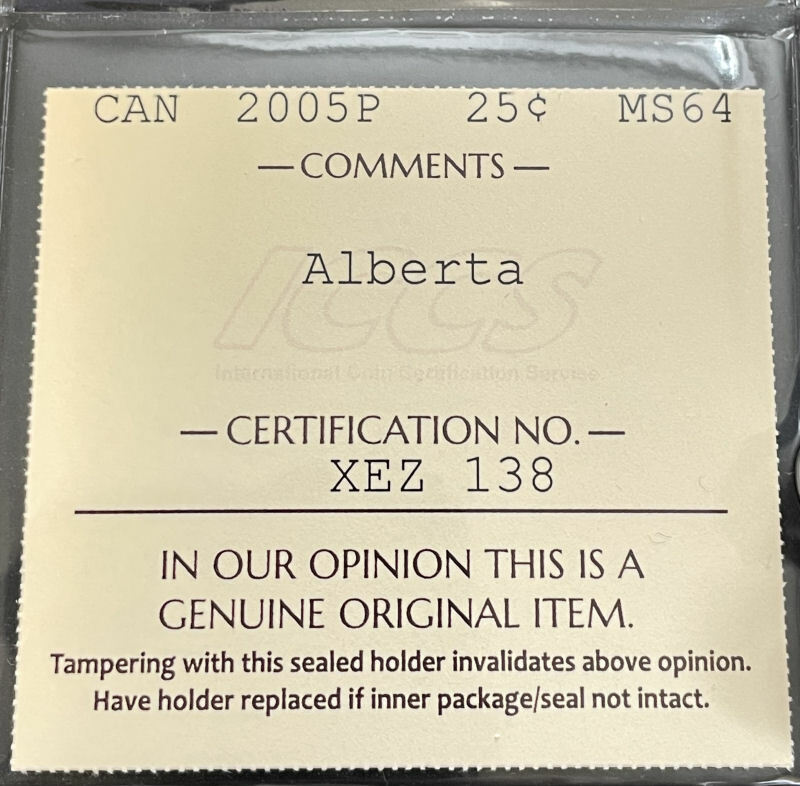2005P Alberta Canada 25 cent coin grading by ICCS MS-64