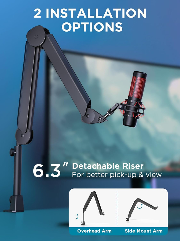 Mic Boom Arm, Microphone Stand with Cable Management Channels Height Riser for B