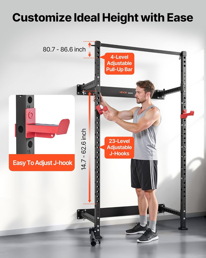 Folding Power Cage, Wall-Mounted Power Rack Squat Rack, Multifunctional Strength