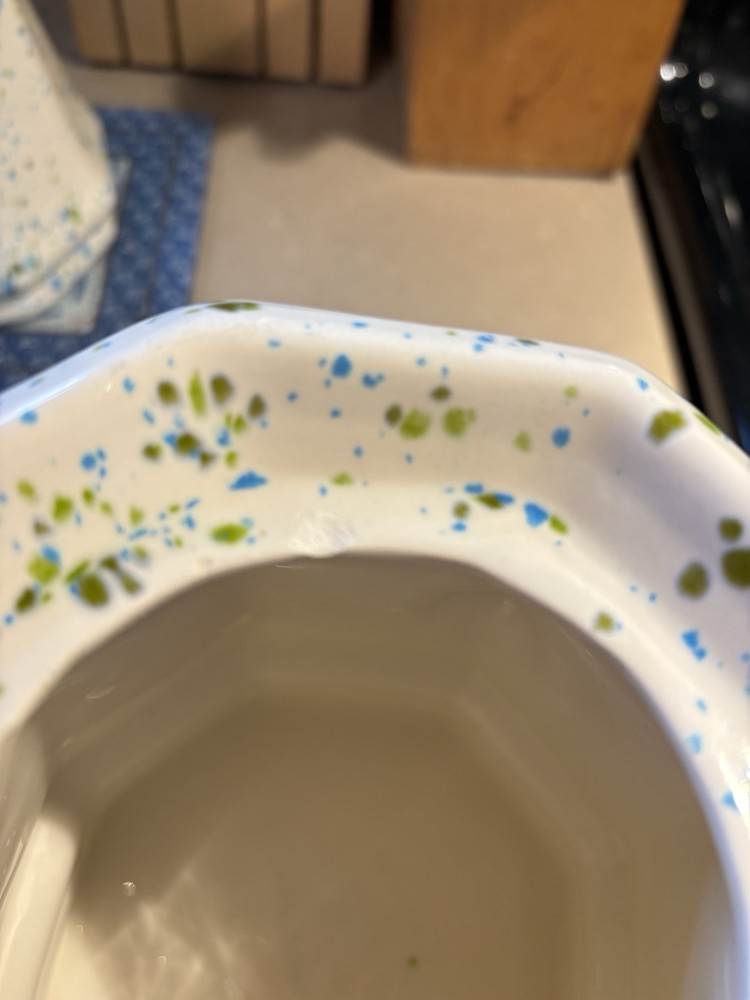 Vtg Handpainted White With Blue & Green Splatterware Glazed Pitcher & Container
