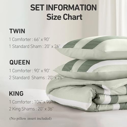 Comforter Set, 3 Pieces Striped Bed Set, Soft Brushed Microfiber King Sage