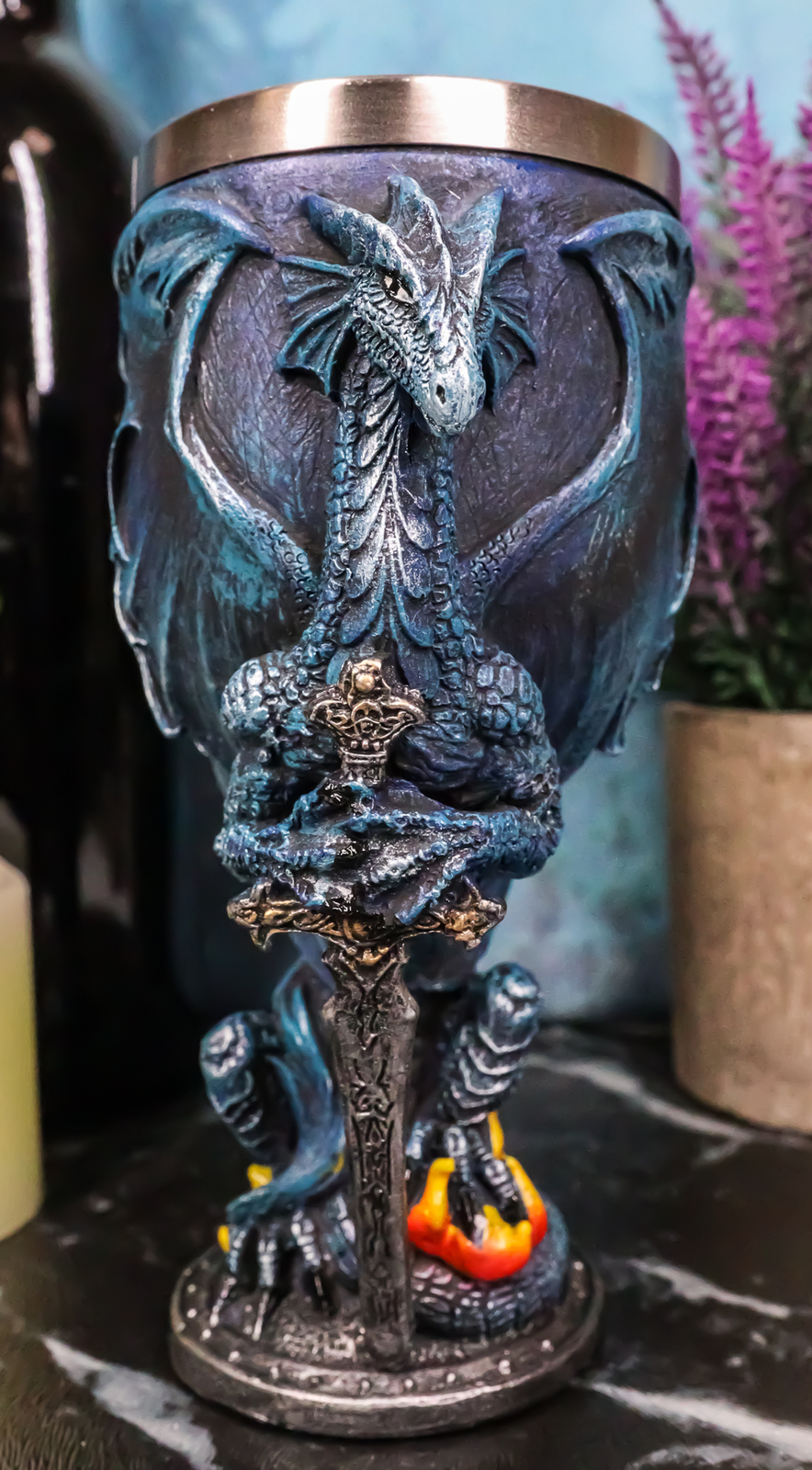 Ebros Blue Divine Fire Winged Dragon Sword Wine Goblet Decor