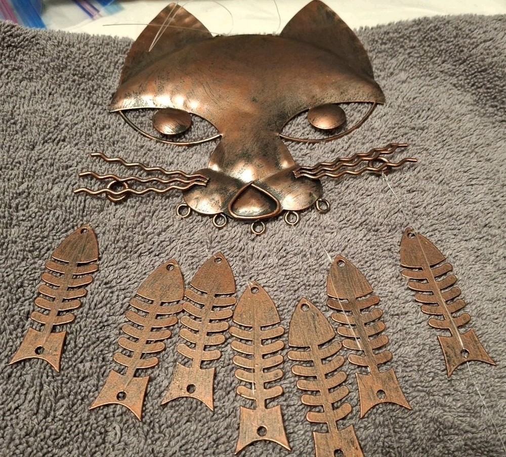 Metal Cat Chime With Dangling Fish