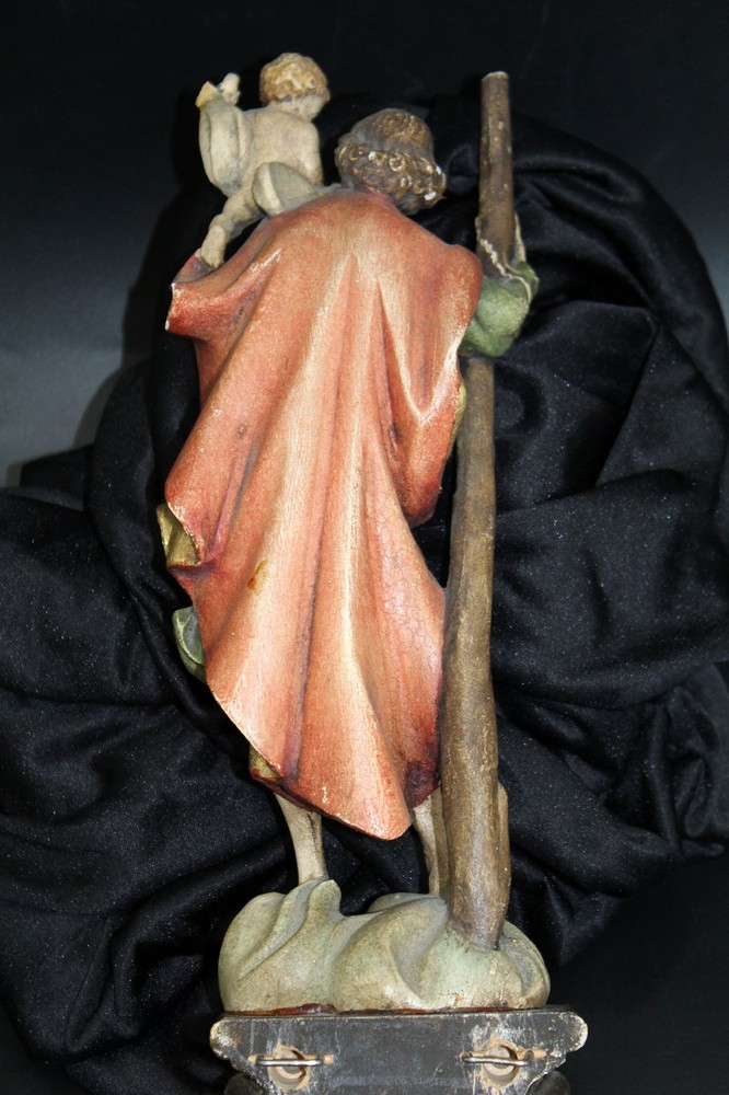 Sculpture Saint Christopher With Christ Child, Wood