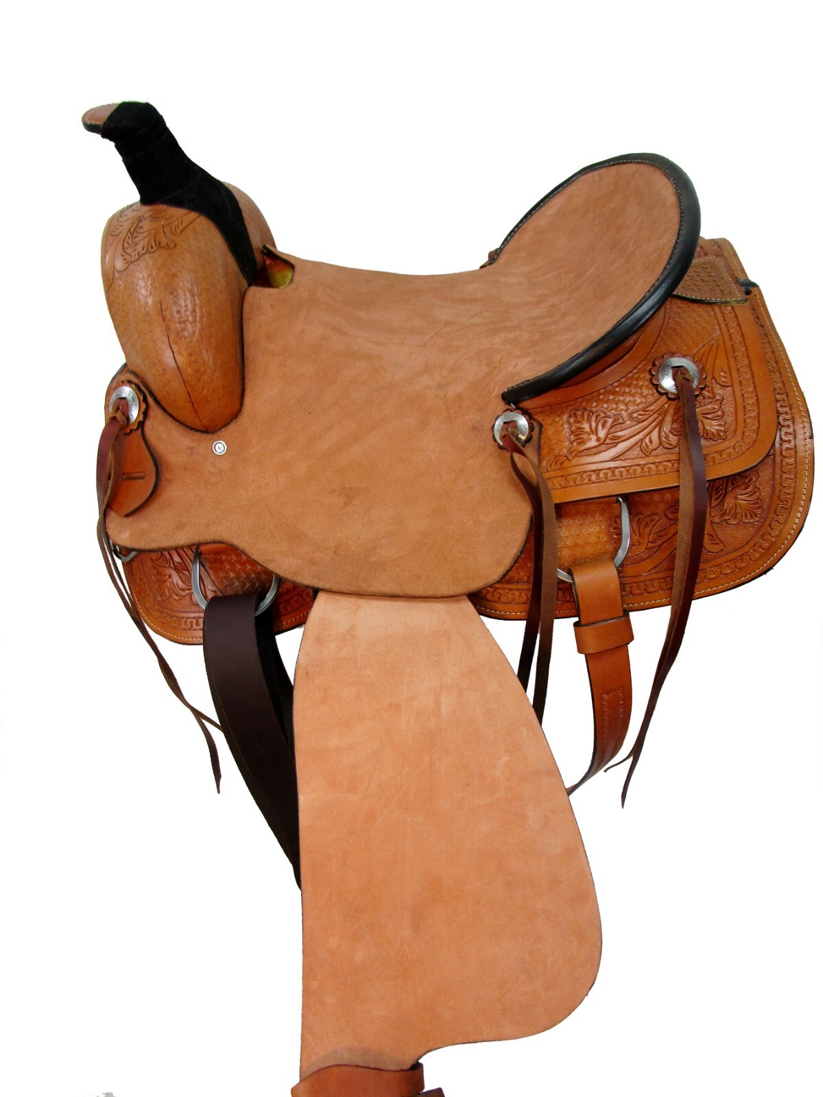 TRAIL SADDLE WESTERN HORSE PLEASURE BASKET WEAVE TOOLED USED LEATHER 15 16 17 18