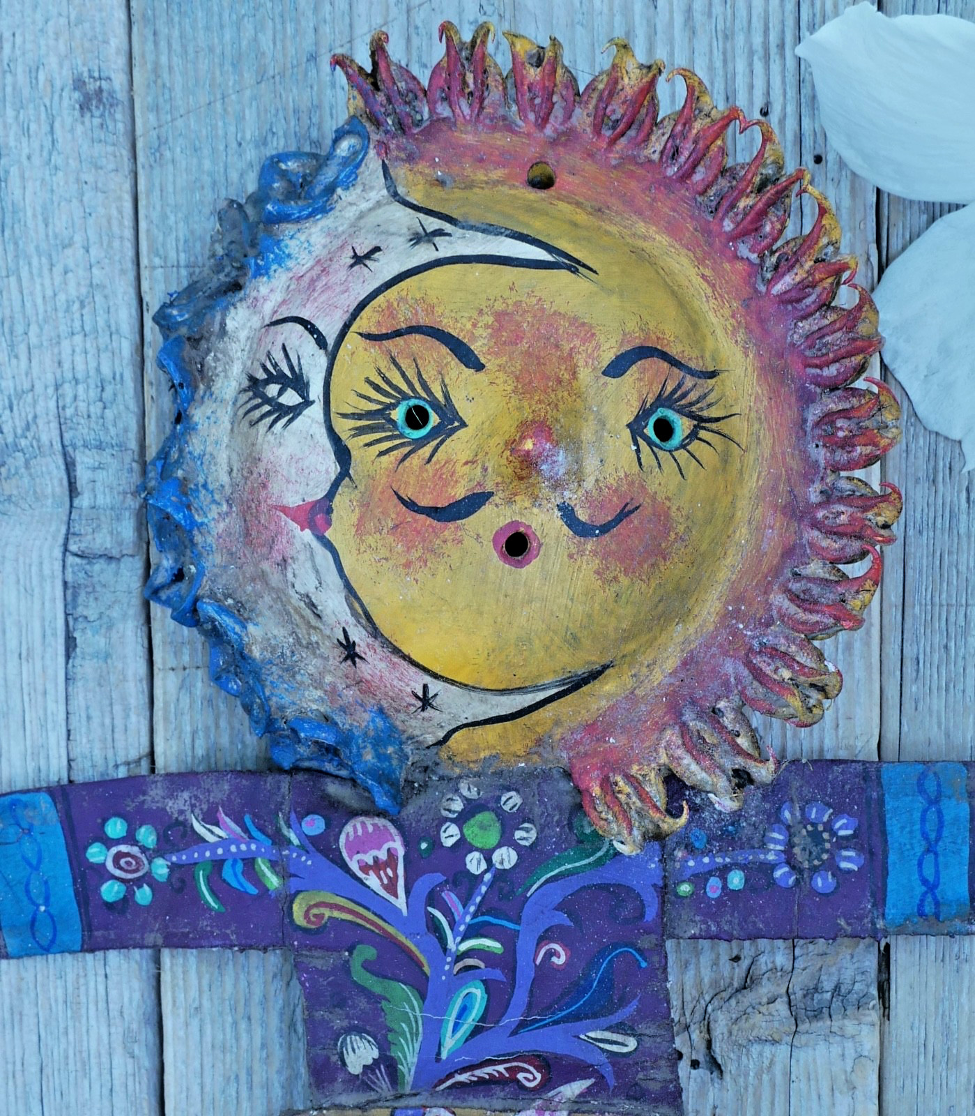 Sun Moon Face Man Hand Painted Handmade Canvas Coconut Guerrero Mexico Folk Art