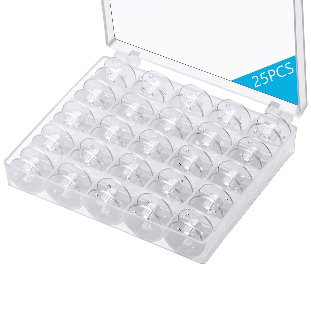 Sewing Machine Bobbins Class 15, 25Pcs , Plastic With Case, Clear