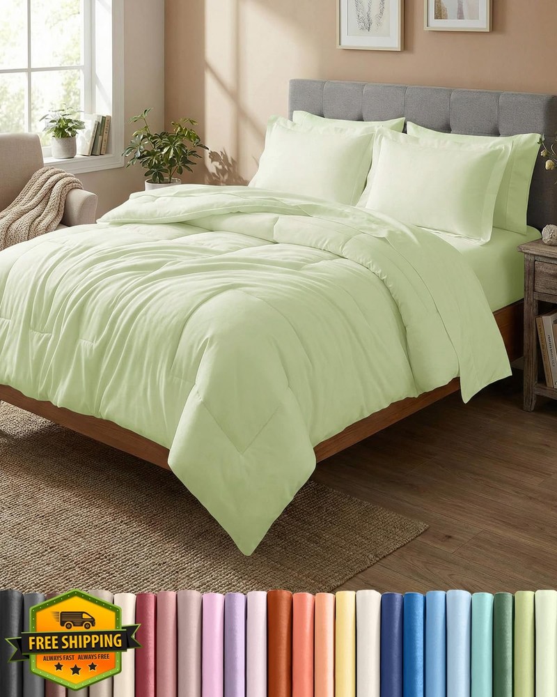 King Comforter Set 7 Pc Bed Set Light Sage Green Down Alt