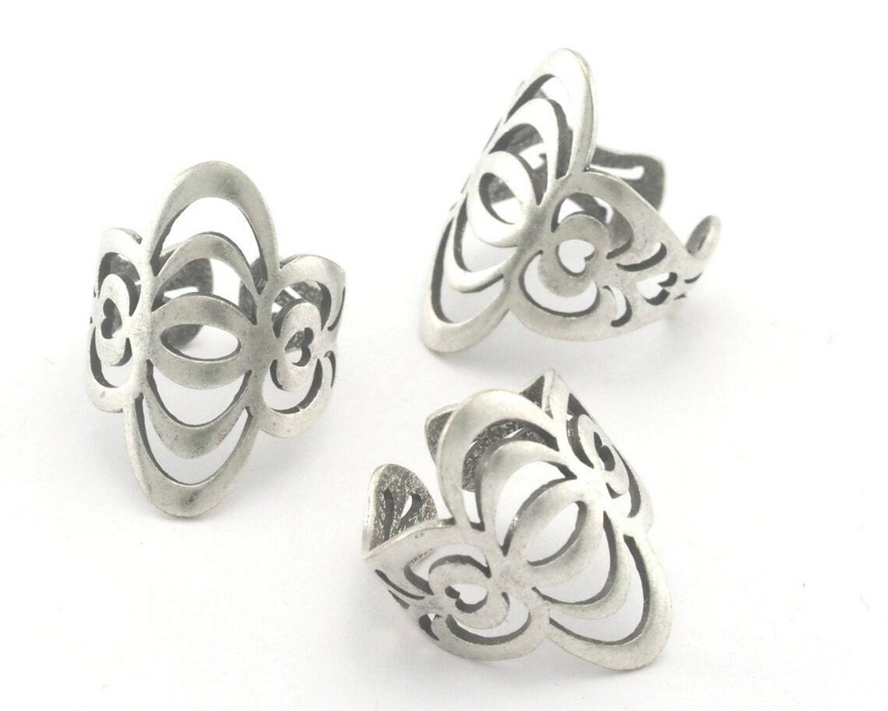 Hearts Waves statement adjustable ring Antique silver plated brass 4343