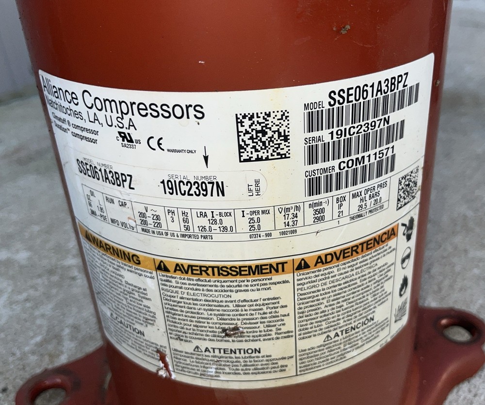 Trane COM11571 Compressor SSE061A3BPZ USED **TESTED**