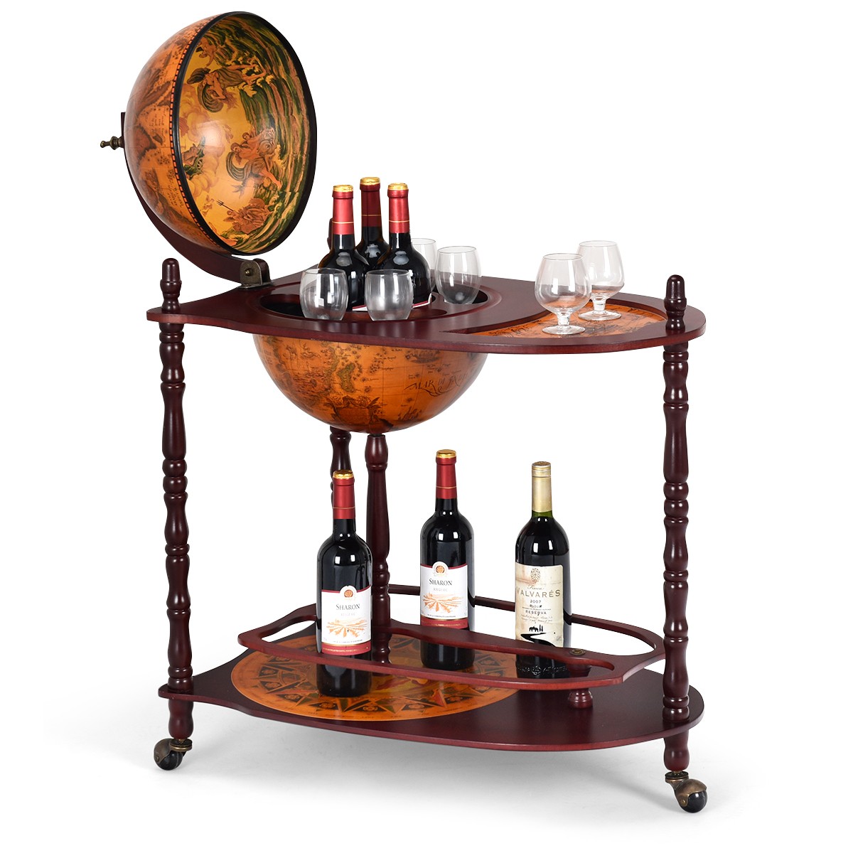 Wood Globe Wine Bar Stand 34" H 16th Century Italian Rack Liquor Bottle Shelf