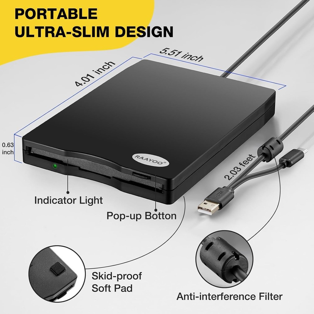 Dual USB Type A/C Floppy Disk Reader for Windows - 3.5 Inch External Drive