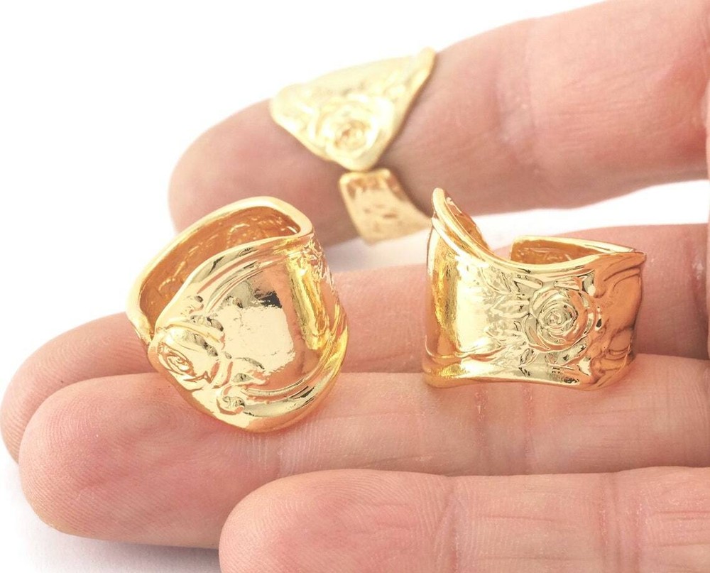 Spoon Ring Flower Patterned Adjustable Ring Shiny Gold Plated brass 7.5US 3383