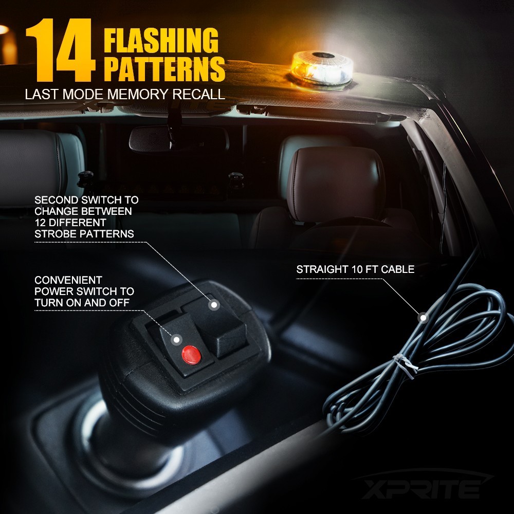 Amber White 24 LED Rooftop Flash Strobe Light Emergency Beacon 14 Flash Pattern