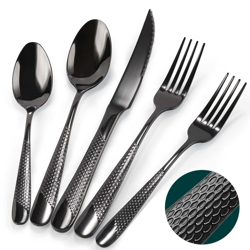Silverware Set, 30 Pieces Black Hammered Flatware Set for 6, Mirror Polished ...