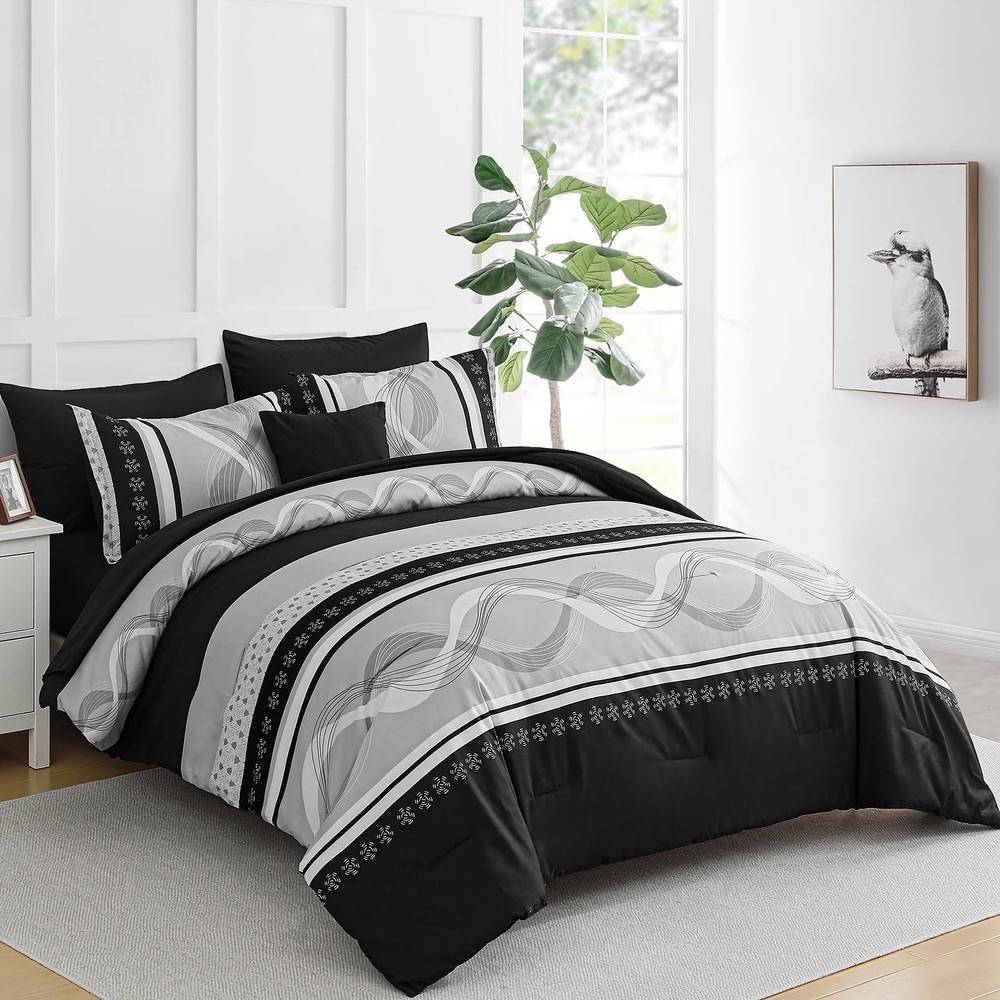 Comforter Set Size,8 Pieces Boho Bed in a Bag Patchwork Striped Queen Black