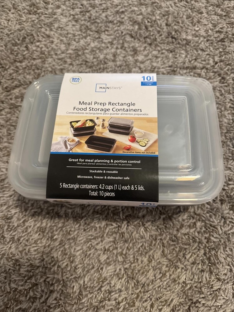 Mainstays Meal Prep Rectangle Food Storage Containers 10pc Black Clear