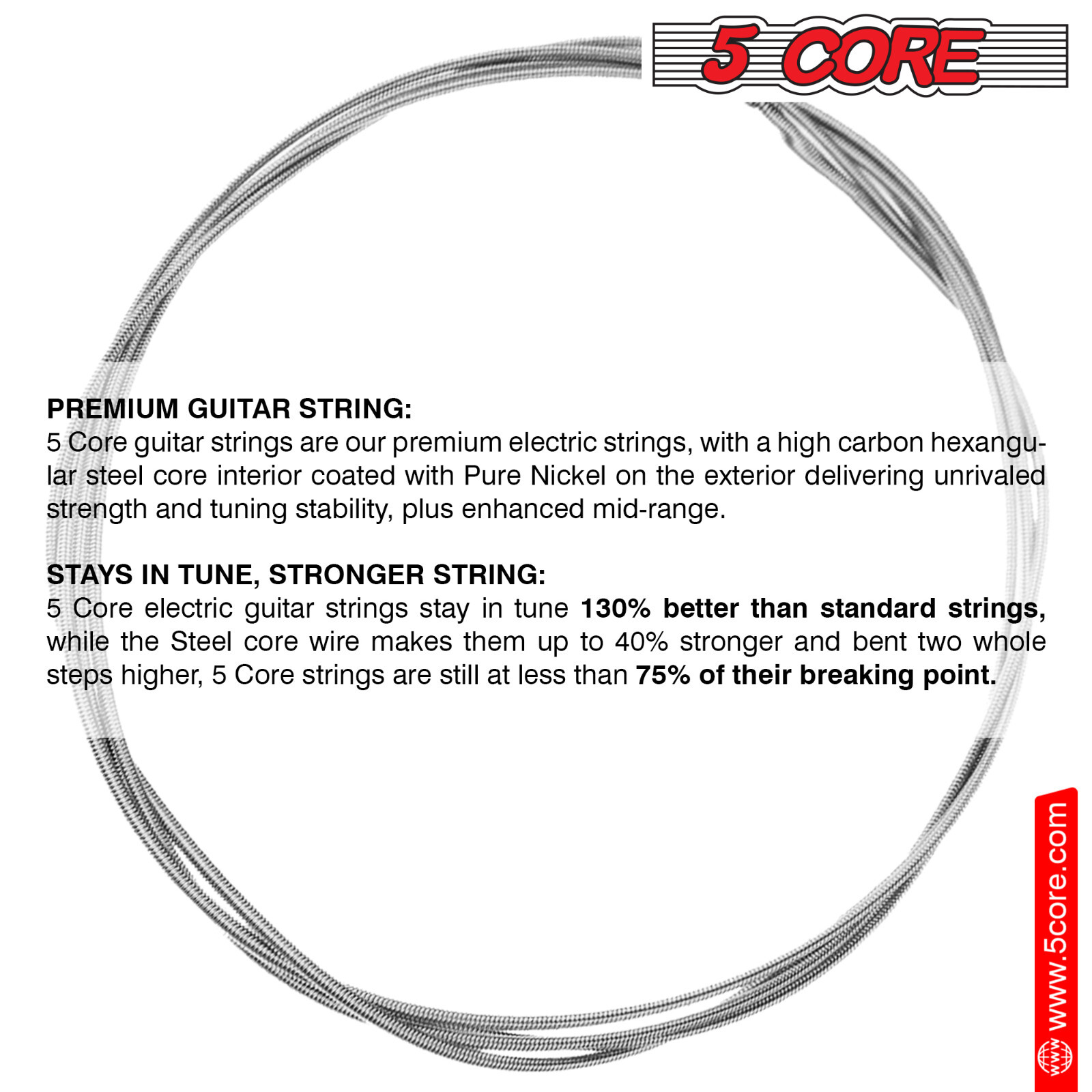 5Core Electric Guitar Strings Nickel 0.009-.042 Gauge w Bright Tone