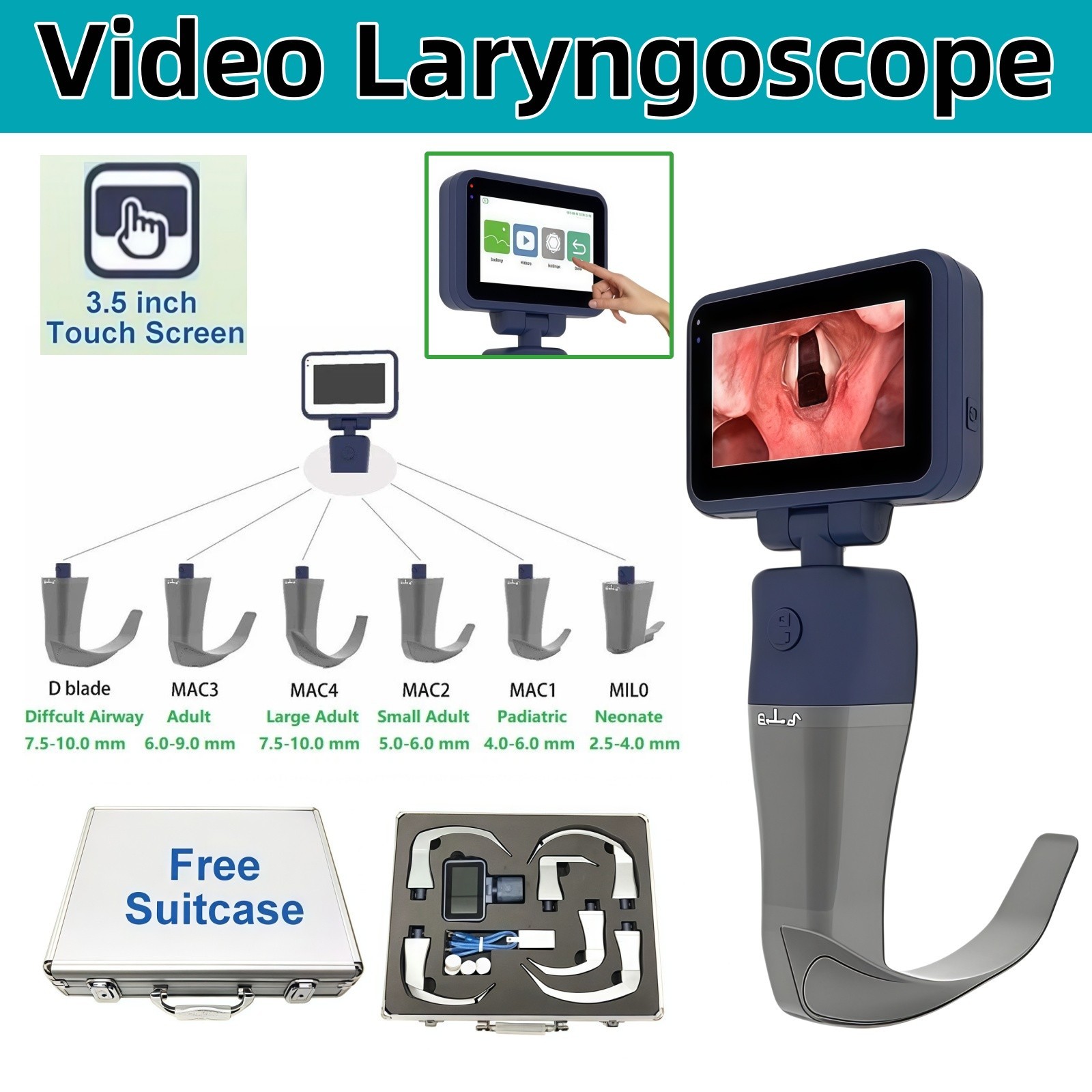 Digital Video Laryngoscope Reusable Sterilizable Blades Waterproof Anti-Fogging