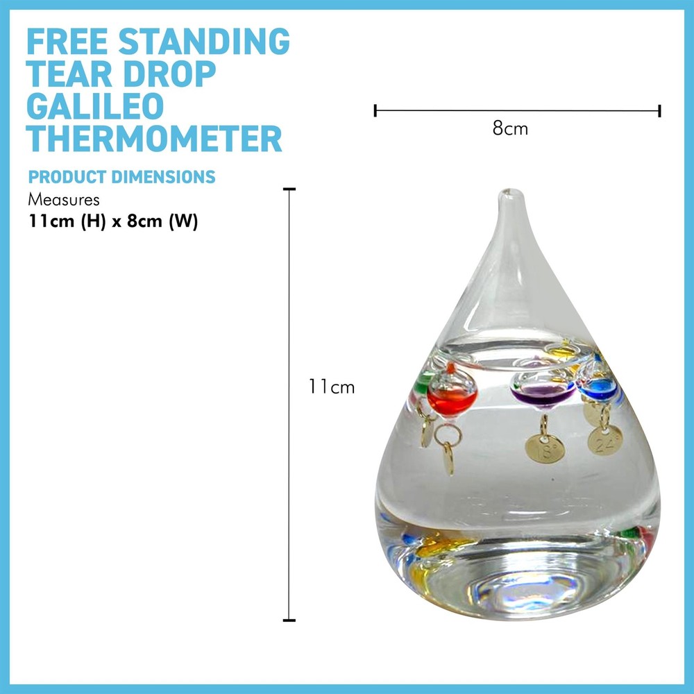 TEAR DROP shaped GALILEO THERMOMETER with five floating globes