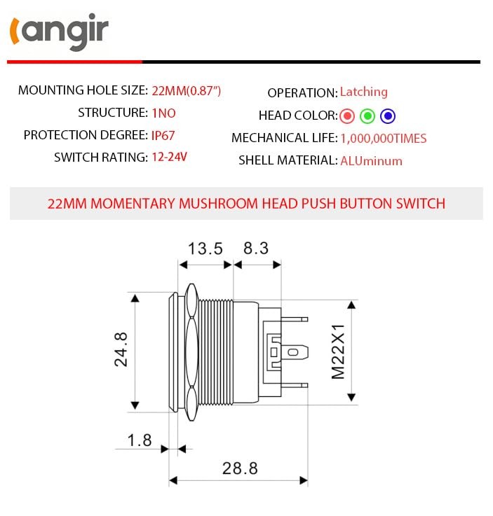 15Amp Push Button Switch，(0.866") 12V-24V Latching Push Button Switch 22mm Red