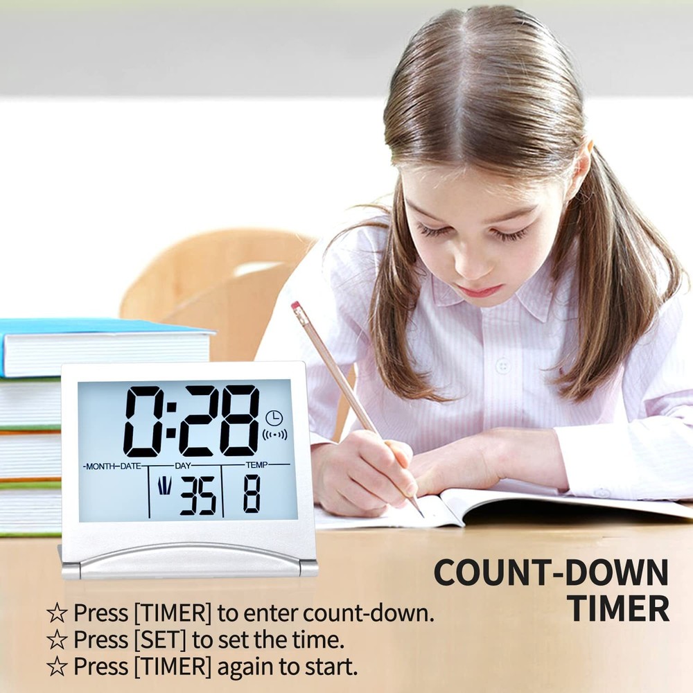 Betus Digital Travel Timer LCD Clock with Backlight - Compact LCD Desk Clock