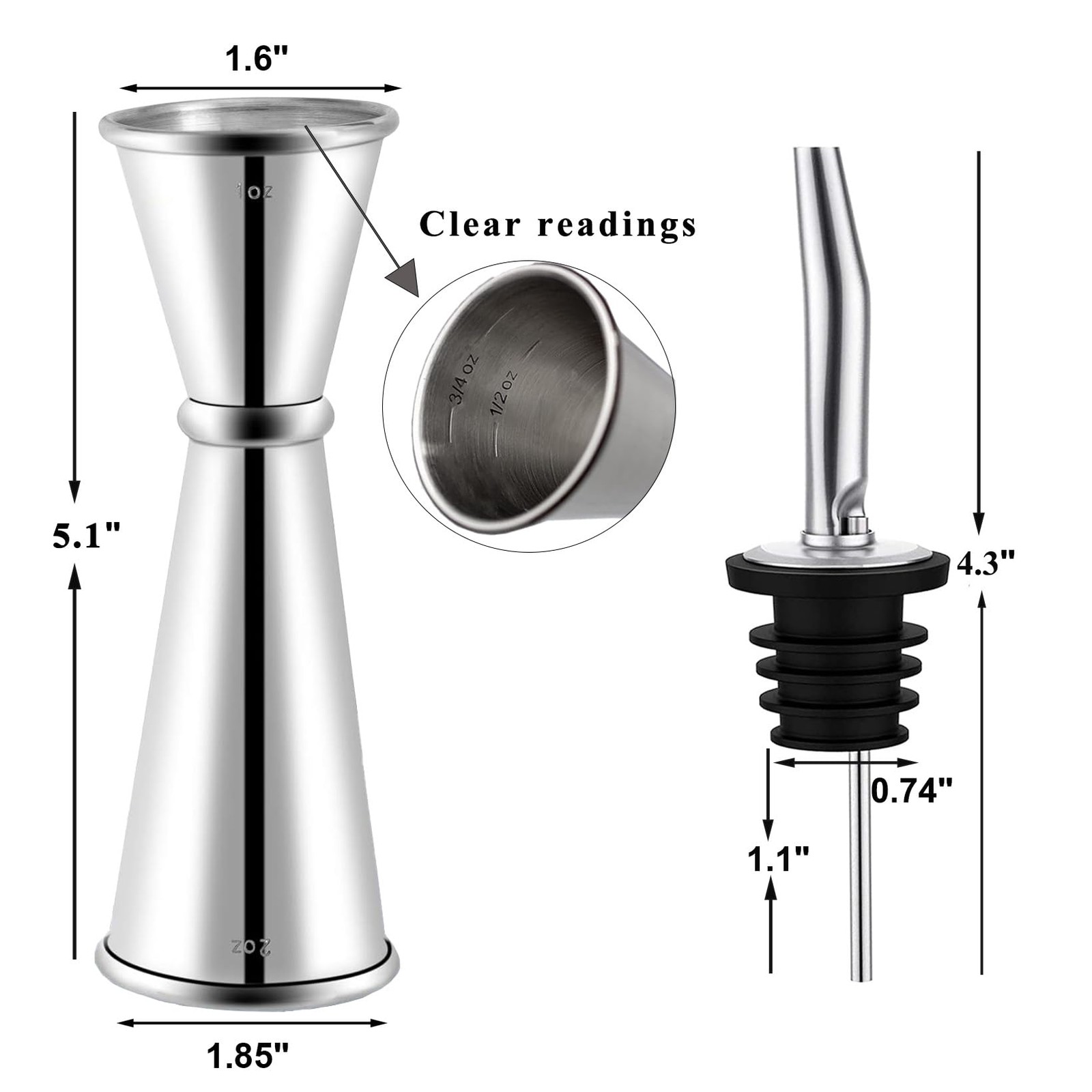 Pafusen Jigger for Bartending with 2 Pourers, 1 Jigger+ 2 Silver