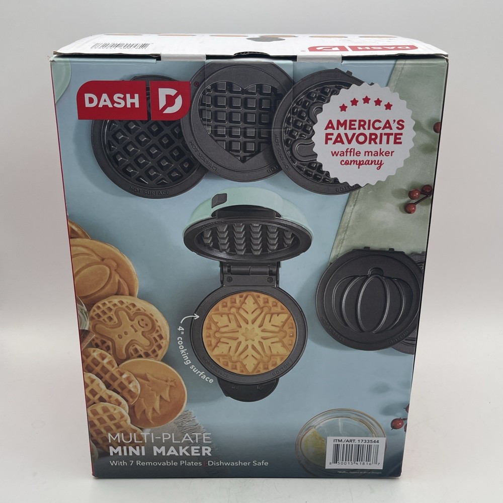 DASH Mini Waffle Maker & 7 Interchangeable Holiday Pattern Plates NEW OPEN BOX