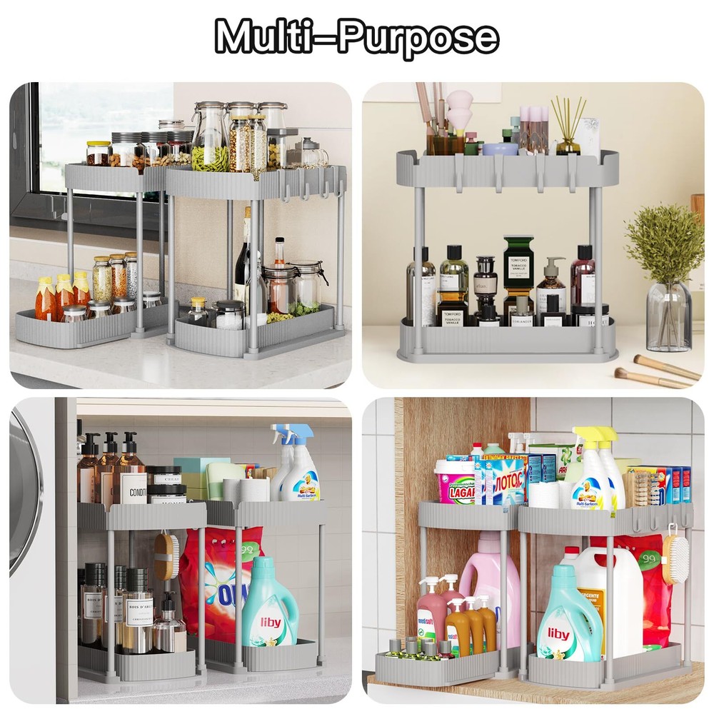 Multi-Purpose Pull-Out Storage Organizers for Under Sink Grey 12.8 Inch 2 Pack