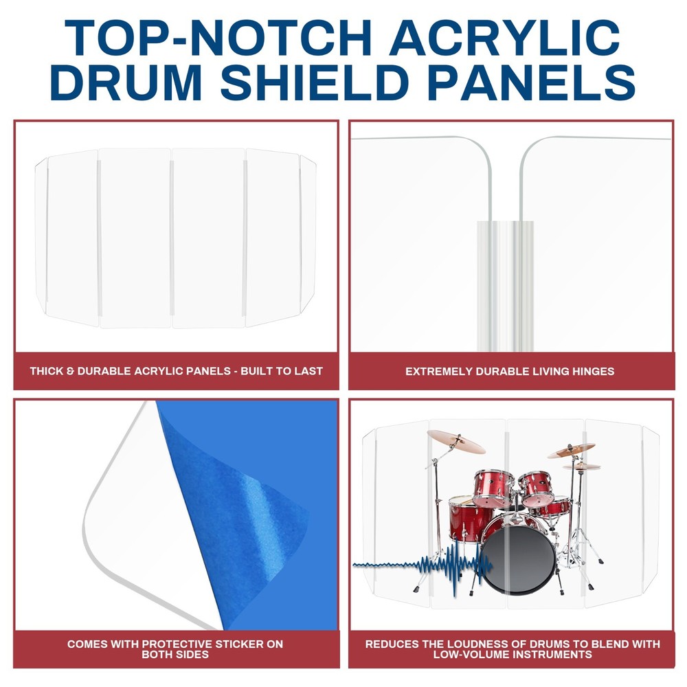 Drum Shield, Premium Acrylic Drum Screen 6 Panels 2ft x 5ft with Plastic Hinges