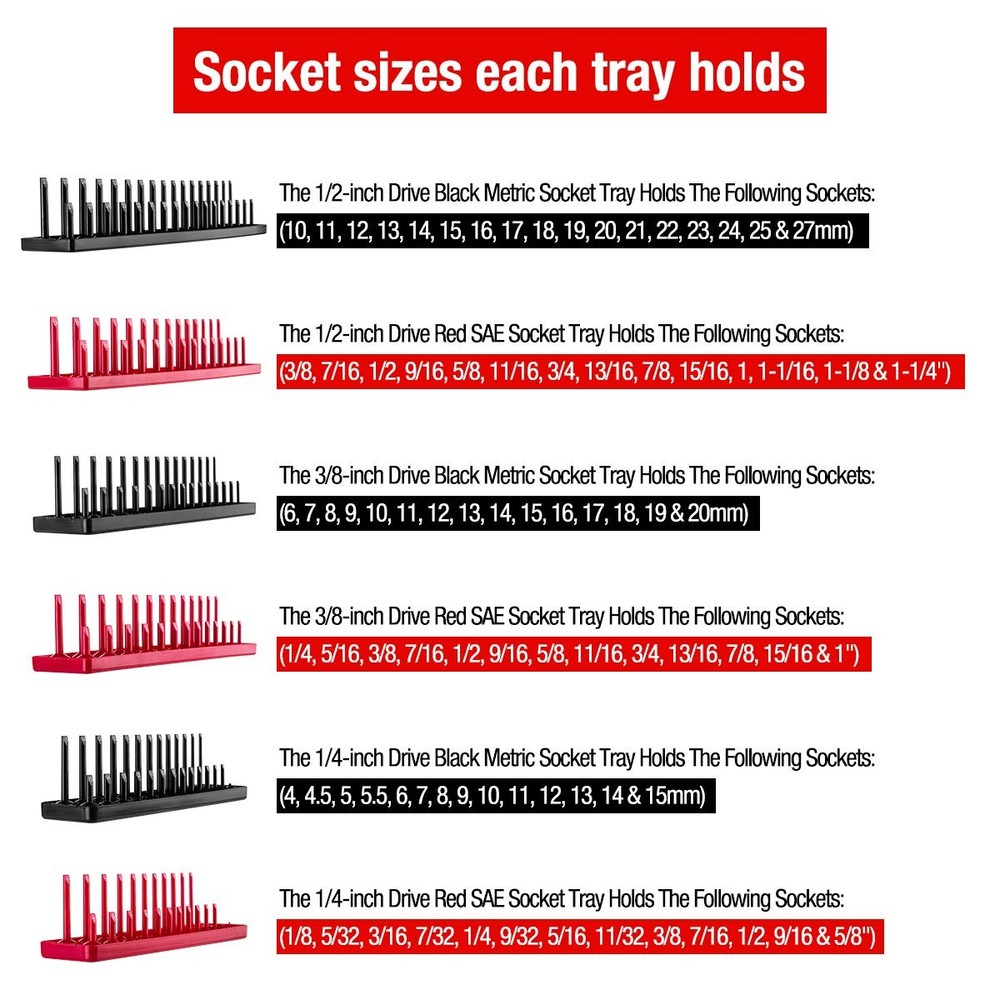 6PCS Socket Organizer Tray Set, Red SAE & Black Metric Socket Storage Trays, ...