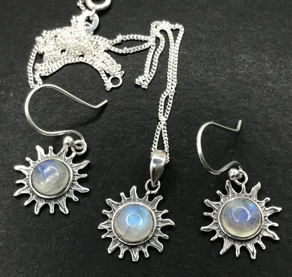 Rainbow moonstone pendant earrings set, solid Sterling silver, sun, gift box.