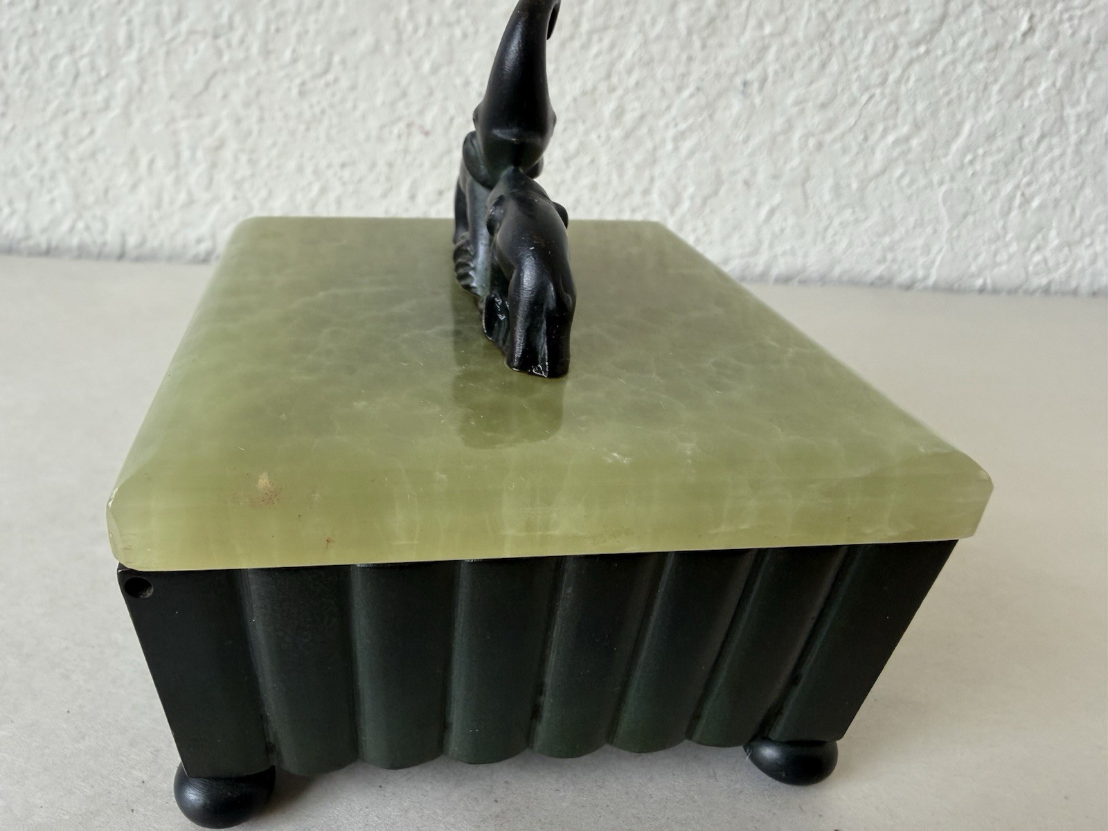 Antique Vtg Trinket Jewelry Box Green Onyx Austria Elephant Sculpture Art Deco