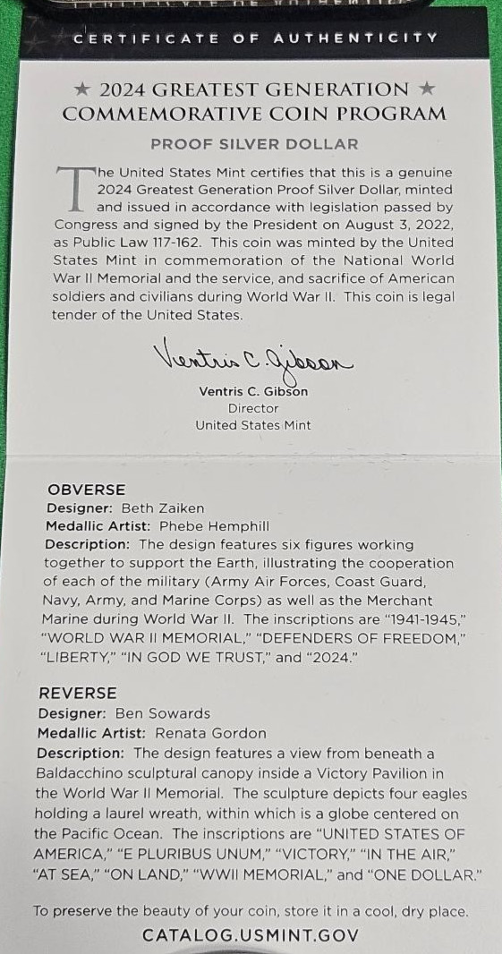 2024 Greatest Generation Proof 99.9% Pure Silver Dollar Coin /Box COA Ships Free