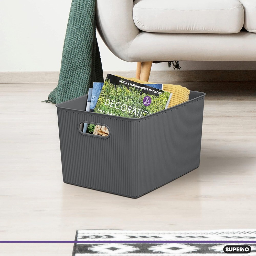 Superio Large Grey Ribbed Storage Bin, Plastic Storage Basket (22 Liter)