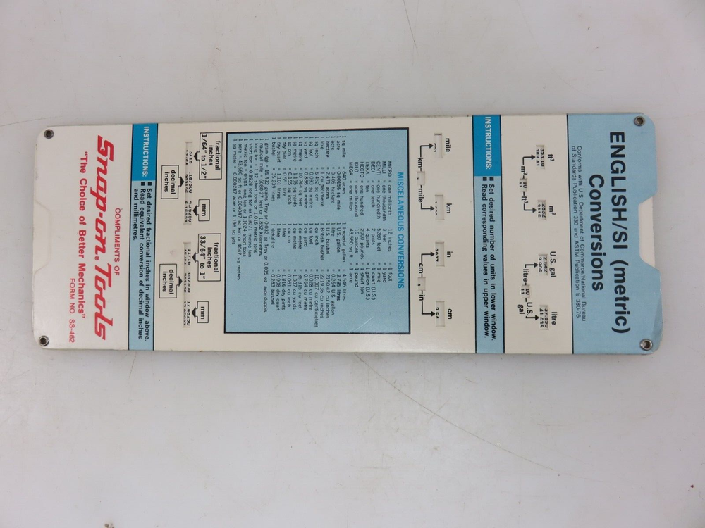 Snap-On Universal English/SI METRIC Datalizer Conversion Slide Chart Tool