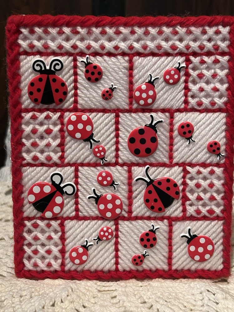 LADYBUG SAMPLER RED & WHITE NEW HANDMADE PLASTIC CANVAS TISSUE BOX COVER CUBE