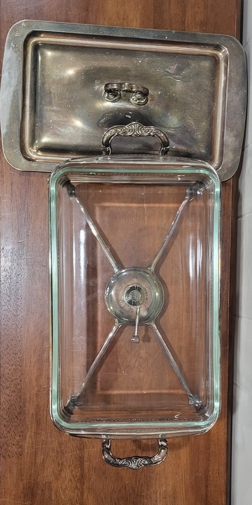 Vintage Silver Plated Casserole Chaffing Dish Server Pyrex Insert Sterno Heater
