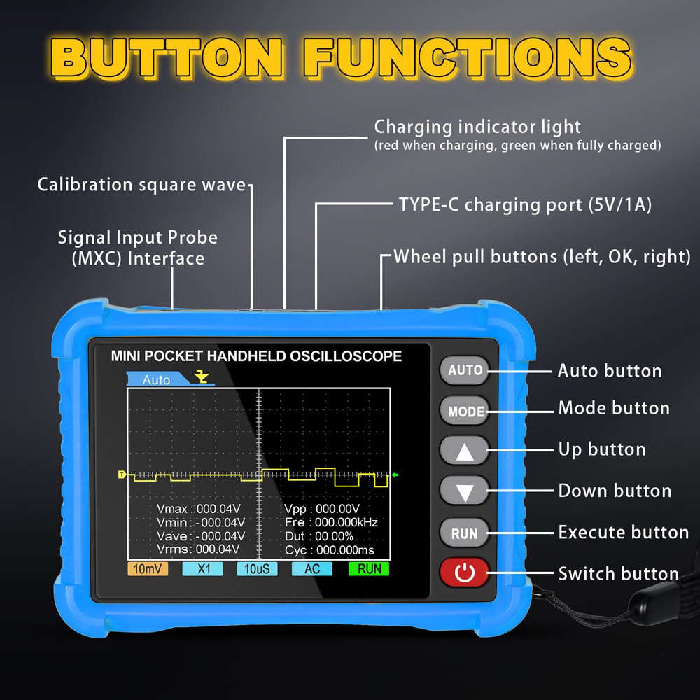 Mini Oscilloscope Handheld - 500kHz Bandwidth, AUTO Set, Perfect for Electronics