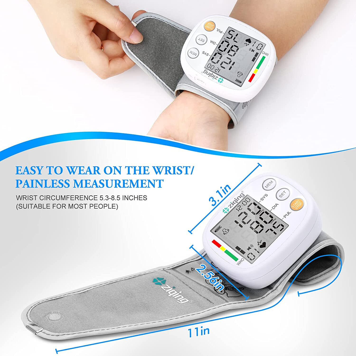 Wrist Blood Pressure Monitor Adjustable BP Cuff Heart Rate Machine Large Screen