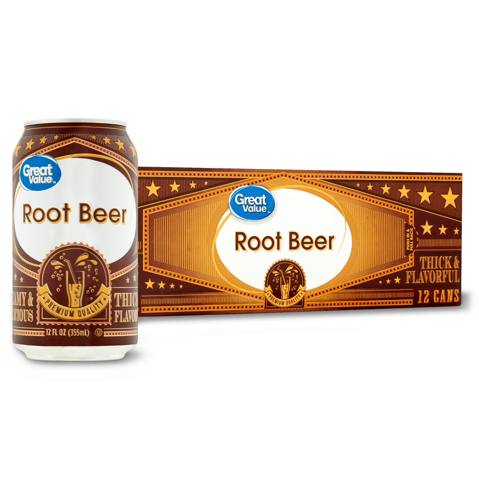 Great Value Root Beer Soda Pop, 12 fl oz, 12 Pack Cans Pack of 2