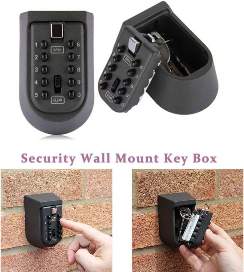 Wall Mounted Key Lock Box Weather Resistant with Push Button Code Black Safe