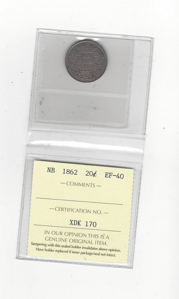 1862 ICCS Graded New Brunswick, Twenty Cent, **EF-40**